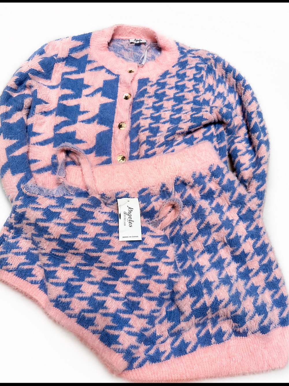 Papaya Pink and Blue Houndstooth Knit Cardigan with Gold Buttons